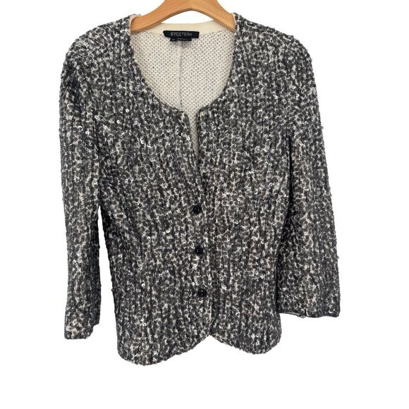 Etcetera Black  Sequin Textured Cardigan sweater Womens size medium Cotton - Picture 1 of 5